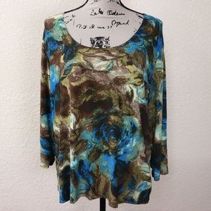 Super Soft Rose Floral Top Blue Brown Size 2X